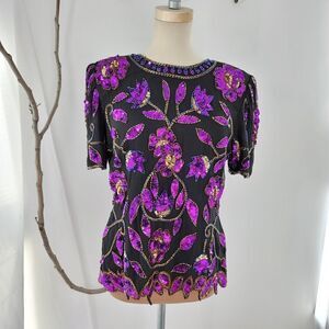 Vintage stenay sequined 100% silk blouse black with purple sequins